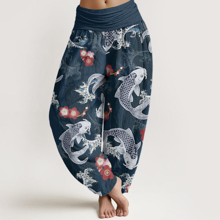 Buddha Stones Casual Koi Fish Cherry Blossoms Pattern Damskie spodnie haremowe z elastyczną talią - Stalowoniebieski - US22, UK/AU26, EU54 (6XL) - image 8