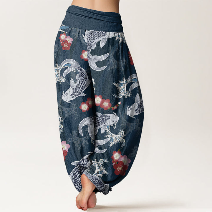 Buddha Stones Casual Koi Fish Cherry Blossoms Pattern Damskie spodnie haremowe z elastyczną talią - image 10