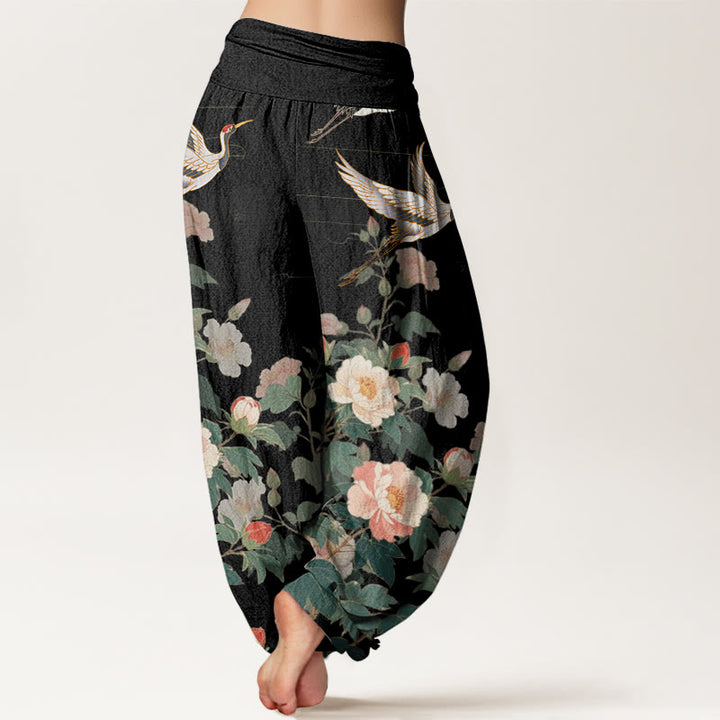 Buddha Stones Casual Żuraw Peonia Wzór Damskie Spodnie Harem Elastyczna Talia - image 3