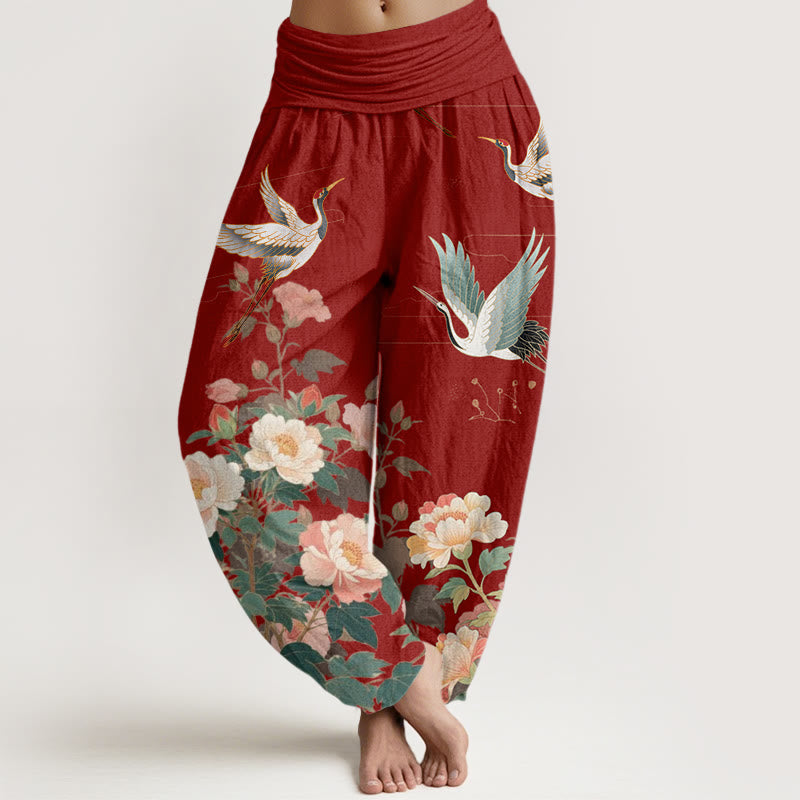Buddha Stones Casual Żuraw Peonia Wzór Damskie Spodnie Harem Elastyczna Talia - Cegła ogniotrwała - US22, UK/AU26, EU54 (6XL) - image 8