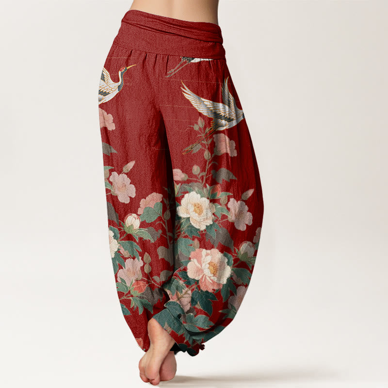 Buddha Stones Casual Żuraw Peonia Wzór Damskie Spodnie Harem Elastyczna Talia - image 10