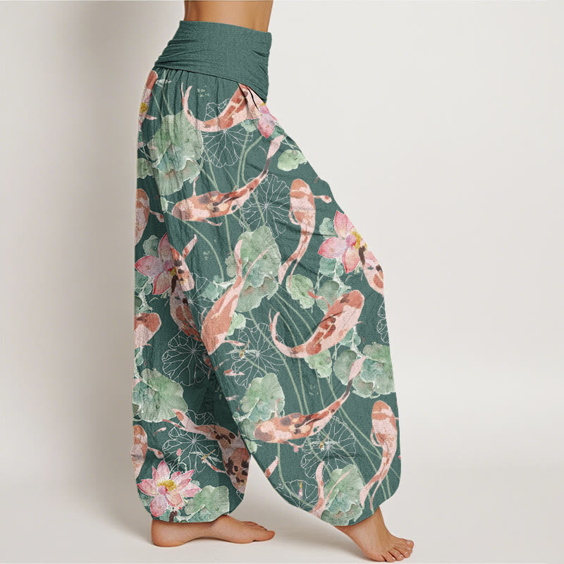 Buddha Stones Casual Koi Fish Lotus Pattern Damskie spodnie haremowe z elastyczną talią - image 2