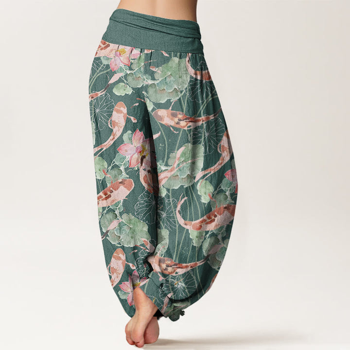 Buddha Stones Casual Koi Fish Lotus Pattern Damskie spodnie haremowe z elastyczną talią - image 3