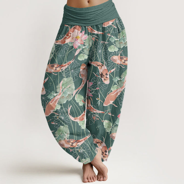 Buddha Stones Casual Koi Fish Lotus Pattern Damskie spodnie haremowe z elastyczną talią - CadetBlue - US22, UK/AU26, EU54 (6XL) - image 1