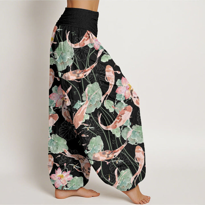 Buddha Stones Casual Koi Fish Lotus Pattern Damskie spodnie haremowe z elastyczną talią - image 6