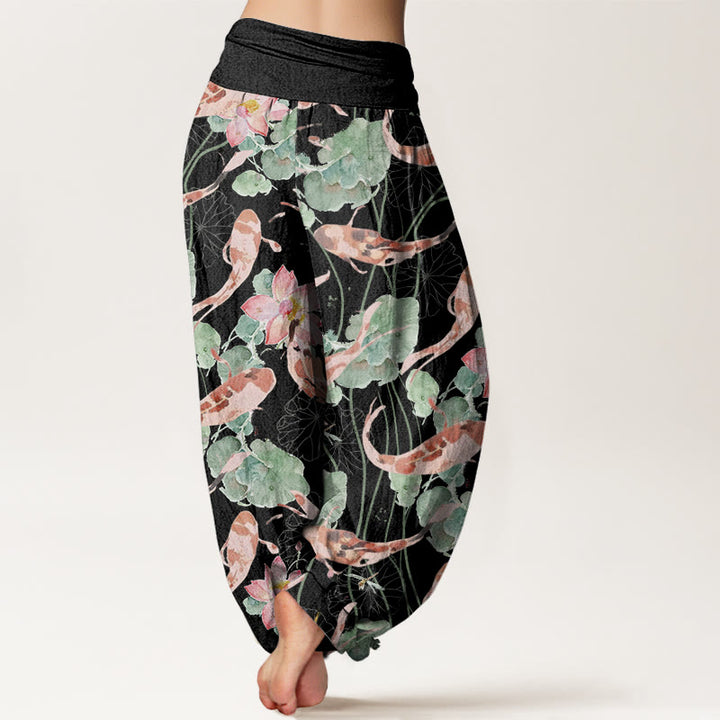 Buddha Stones Casual Koi Fish Lotus Pattern Damskie spodnie haremowe z elastyczną talią - image 7