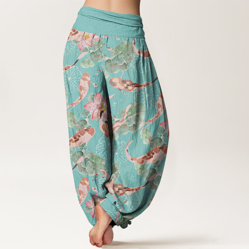 Buddha Stones Casual Koi Fish Lotus Pattern Damskie spodnie haremowe z elastyczną talią - image 10