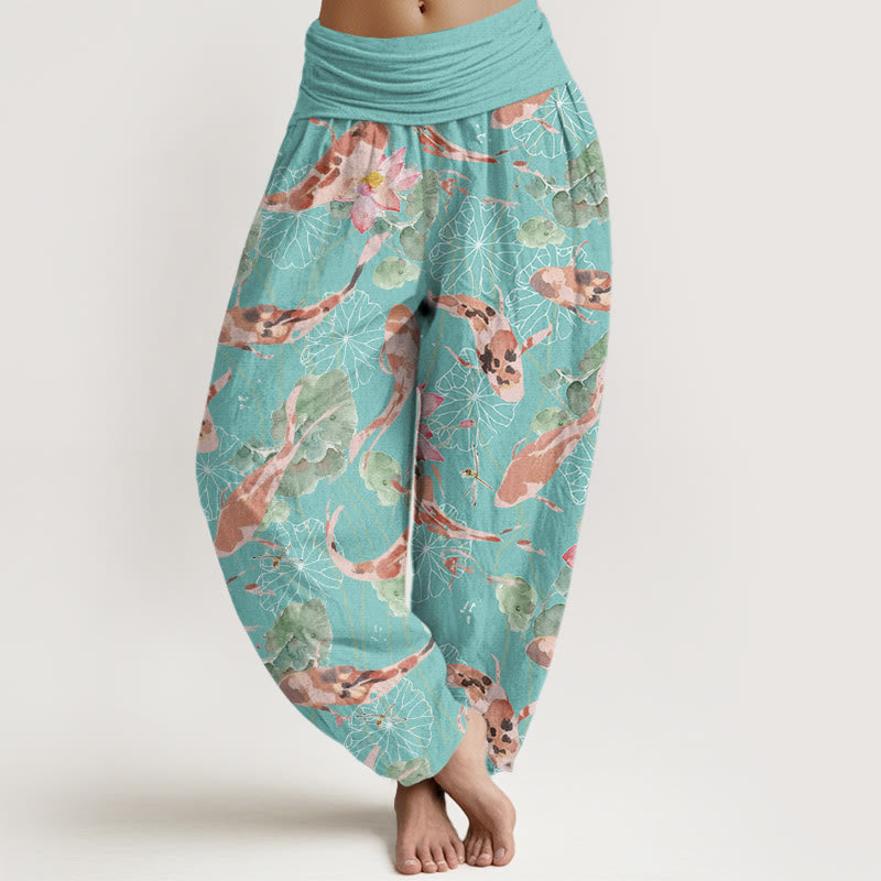 Buddha Stones Casual Koi Fish Lotus Pattern Damskie spodnie haremowe z elastyczną talią - Średnioturkusowy - US22, UK/AU26, EU54 (6XL) - image 8