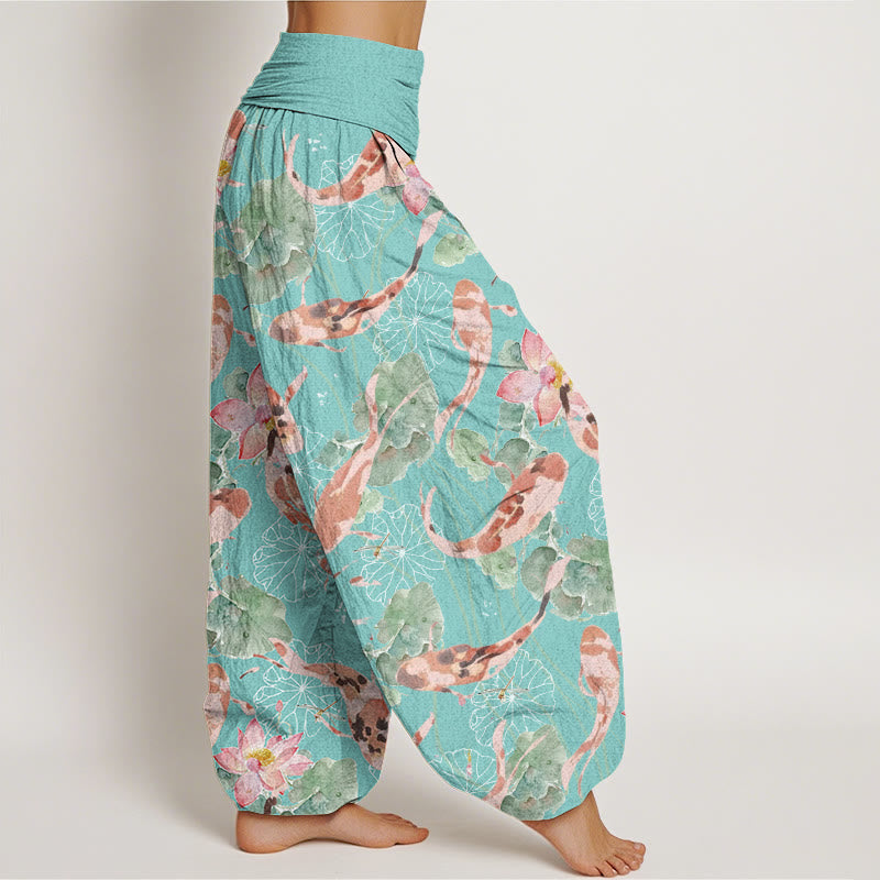Buddha Stones Casual Koi Fish Lotus Pattern Damskie spodnie haremowe z elastyczną talią - image 9