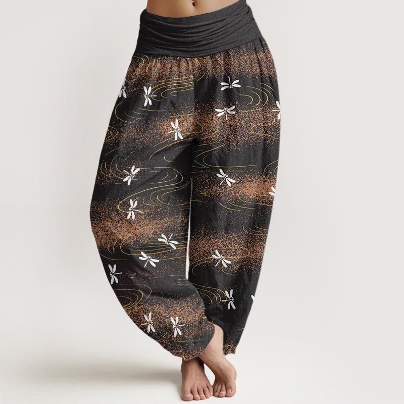 Buddha Stones Casual Dragonfly Wave Pattern Damskie spodnie haremowe z elastyczną talią - Czarny - US22, UK/AU26, EU54 (6XL) - image 1