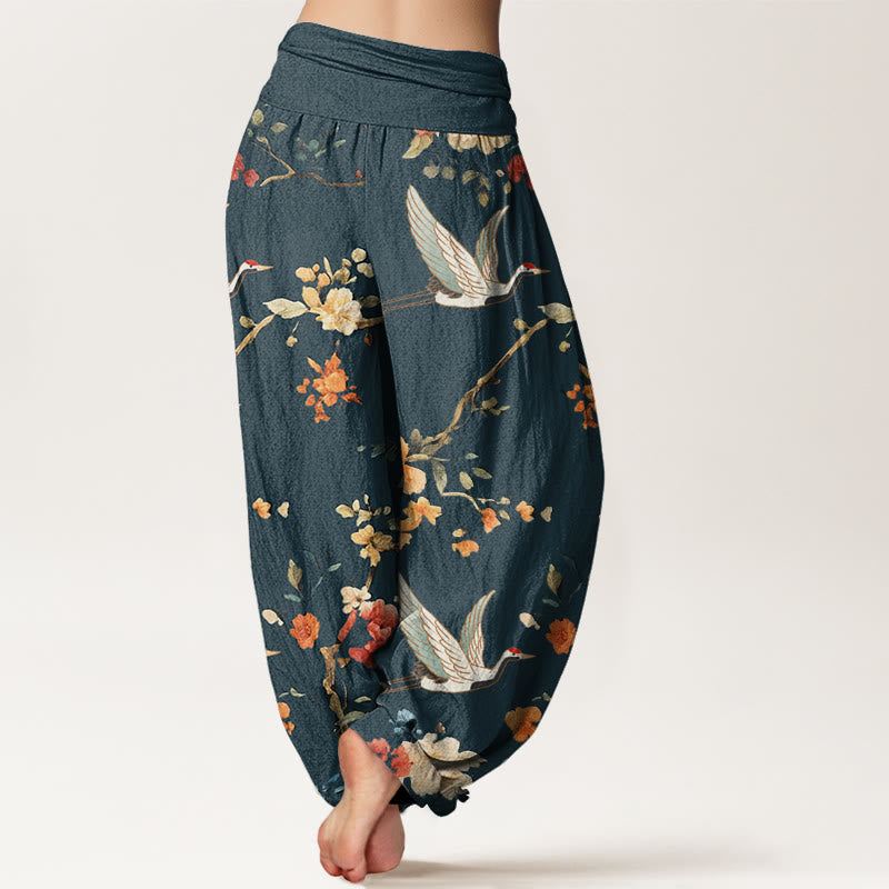 Buddha Stones Casual Żuraw Kwiat Gałązka Wzór Damskie Spodnie Harem Elastyczna Talia - image 10