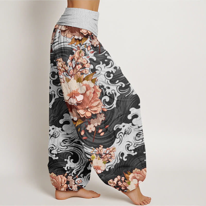 Buddha Stones Casual Wave And Floral Pattern Damskie spodnie haremowe z elastyczną talią - image 2