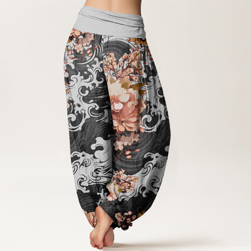 Buddha Stones Casual Wave And Floral Pattern Damskie spodnie haremowe z elastyczną talią - image 3