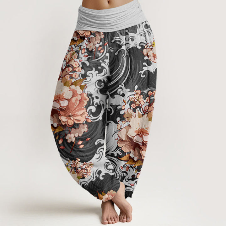 Buddha Stones Casual Wave And Floral Pattern Damskie spodnie haremowe z elastyczną talią - DimGray - US22, UK/AU26, EU54 (6XL) - image 1