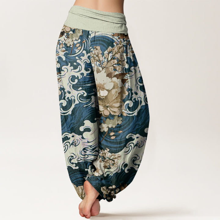 Buddha Stones Casual Wave And Floral Pattern Damskie spodnie haremowe z elastyczną talią - image 7