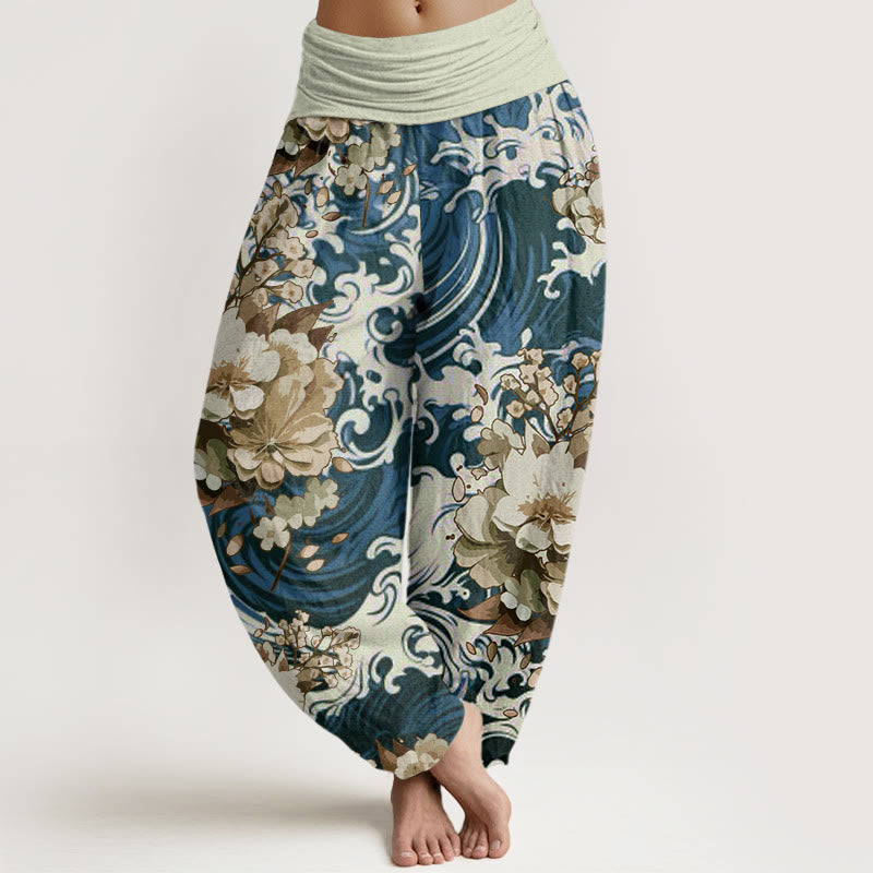 Buddha Stones Casual Wave And Floral Pattern Damskie spodnie haremowe z elastyczną talią - Stalowoniebieski - US22, UK/AU26, EU54 (6XL) - image 5