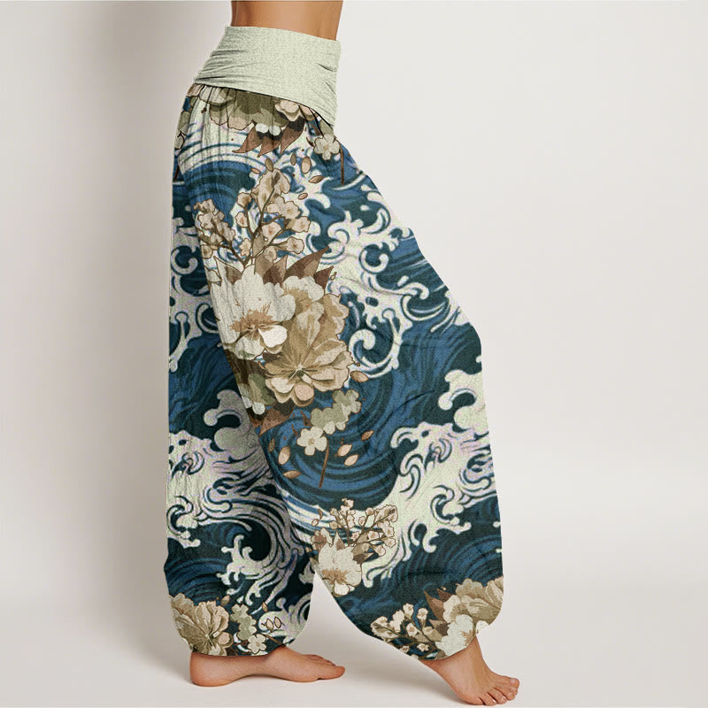 Buddha Stones Casual Wave And Floral Pattern Damskie spodnie haremowe z elastyczną talią - image 6