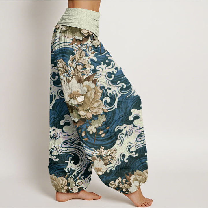 Buddha Stones Casual Wave And Floral Pattern Damskie spodnie haremowe z elastyczną talią - image 6