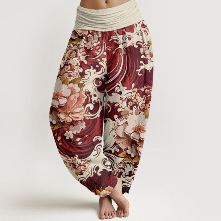 Buddha Stones Casual Wave And Floral Pattern Damskie spodnie haremowe z elastyczną talią - Brązowy - US22, UK/AU26, EU54 (6XL) - image 8