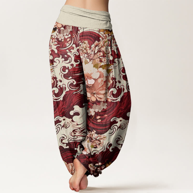 Buddha Stones Casual Wave And Floral Pattern Damskie spodnie haremowe z elastyczną talią - image 10