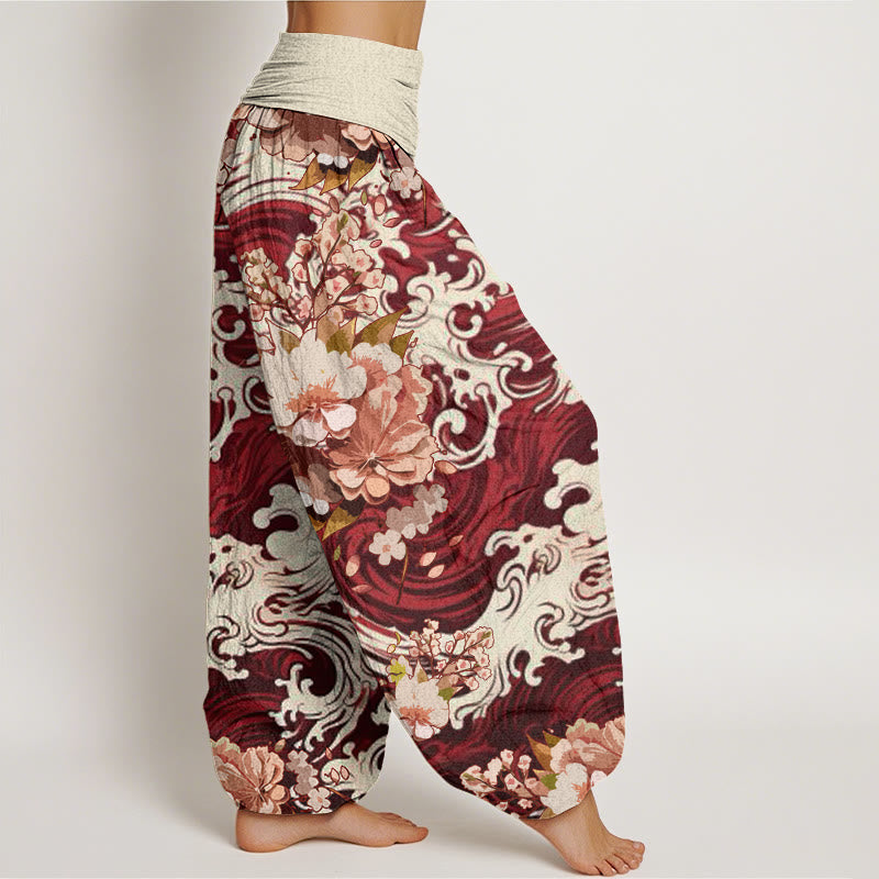 Buddha Stones Casual Wave And Floral Pattern Damskie spodnie haremowe z elastyczną talią - image 9