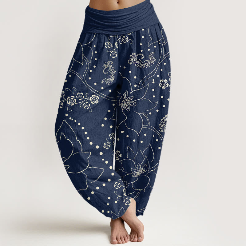 Buddha Stones Casual Duże Kwiaty Wzór Liści Damskie Elastyczne Spodnie Harem - Marynarka wojenna - US22, UK/AU26, EU54 (6XL) - image 1