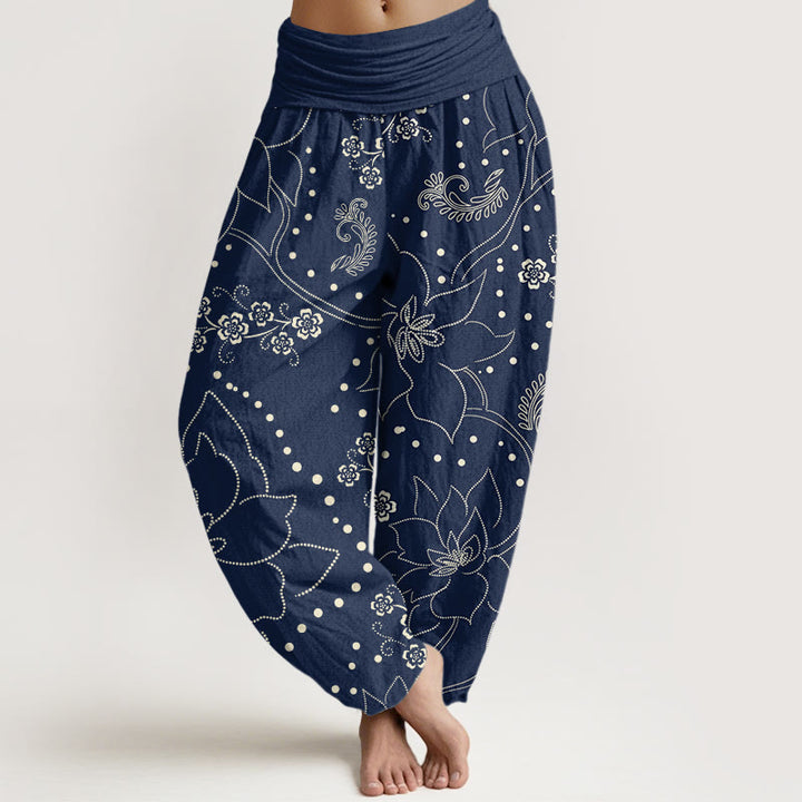 Buddha Stones Casual Duże Kwiaty Wzór Liści Damskie Elastyczne Spodnie Harem - Marynarka wojenna - US22, UK/AU26, EU54 (6XL) - image 1