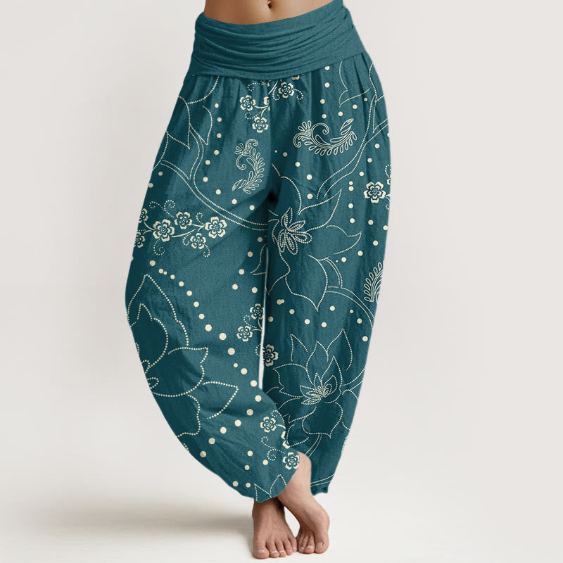 Buddha Stones Casual Duże Kwiaty Wzór Liści Damskie Elastyczne Spodnie Harem - Cyraneczka - US22, UK/AU26, EU54 (6XL) - image 5