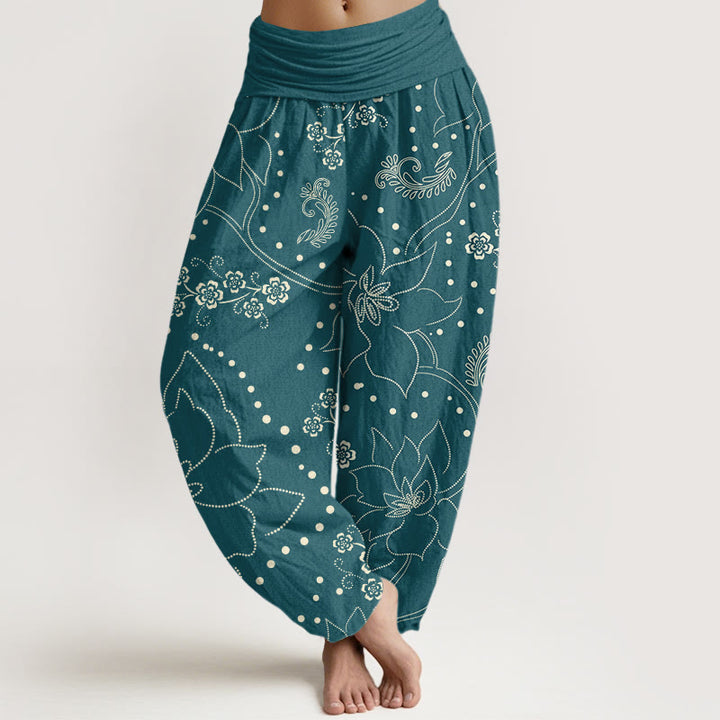 Buddha Stones Casual Duże Kwiaty Wzór Liści Damskie Elastyczne Spodnie Harem - Cyraneczka - US22, UK/AU26, EU54 (6XL) - image 5