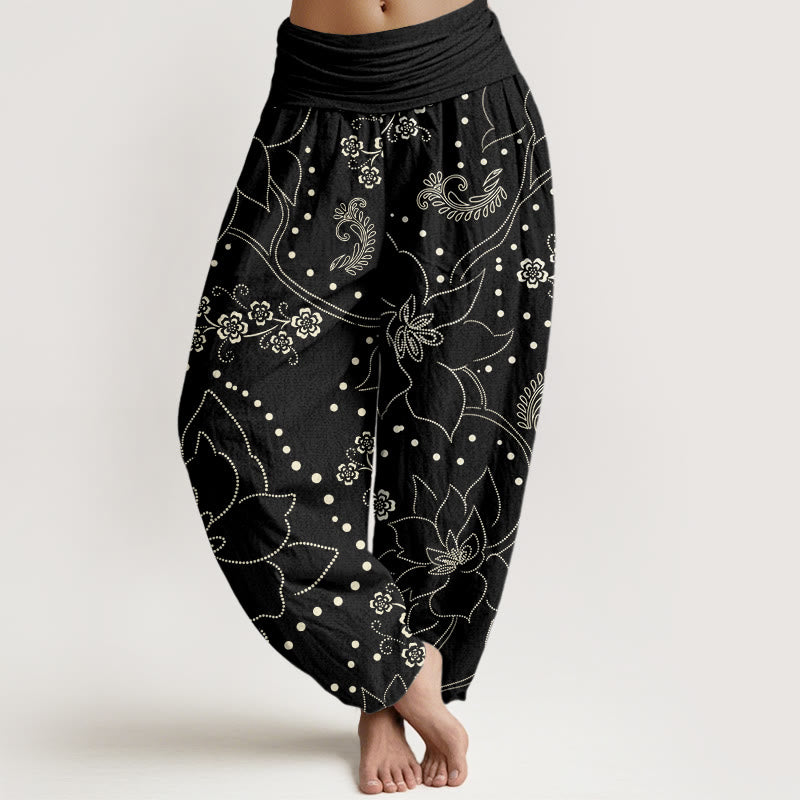 Buddha Stones Casual Duże Kwiaty Wzór Liści Damskie Elastyczne Spodnie Harem - Czarny - US22, UK/AU26, EU54 (6XL) - image 8