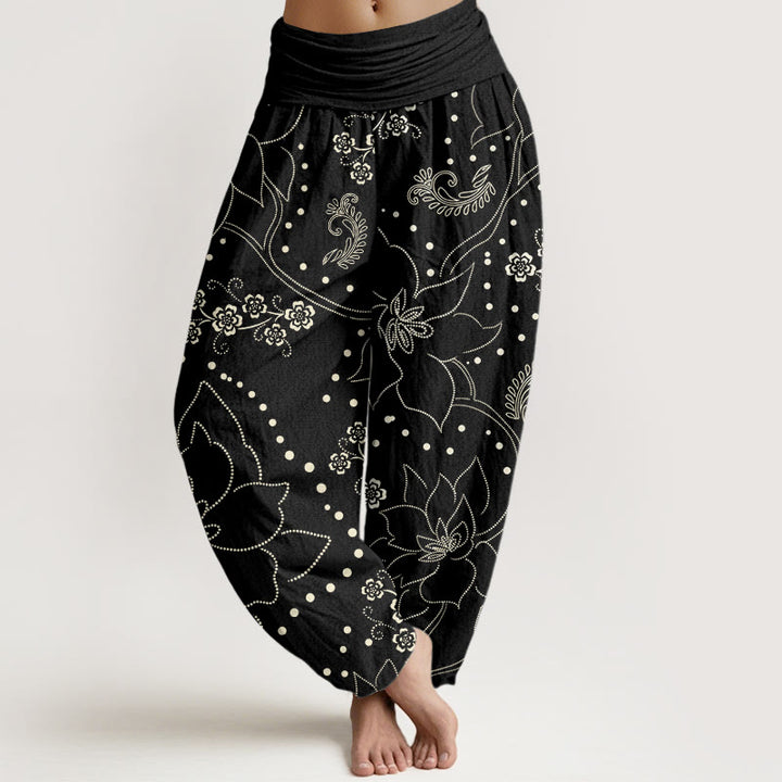 Buddha Stones Casual Duże Kwiaty Wzór Liści Damskie Elastyczne Spodnie Harem - Czarny - US22, UK/AU26, EU54 (6XL) - image 8