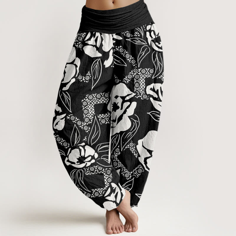 Buddha Stones Casual Proste Kwiatowe Liście Wzór Damskie Spodnie Harem Elastyczna Talia - Czarny - US22, UK/AU26, EU54 (6XL) - image 1