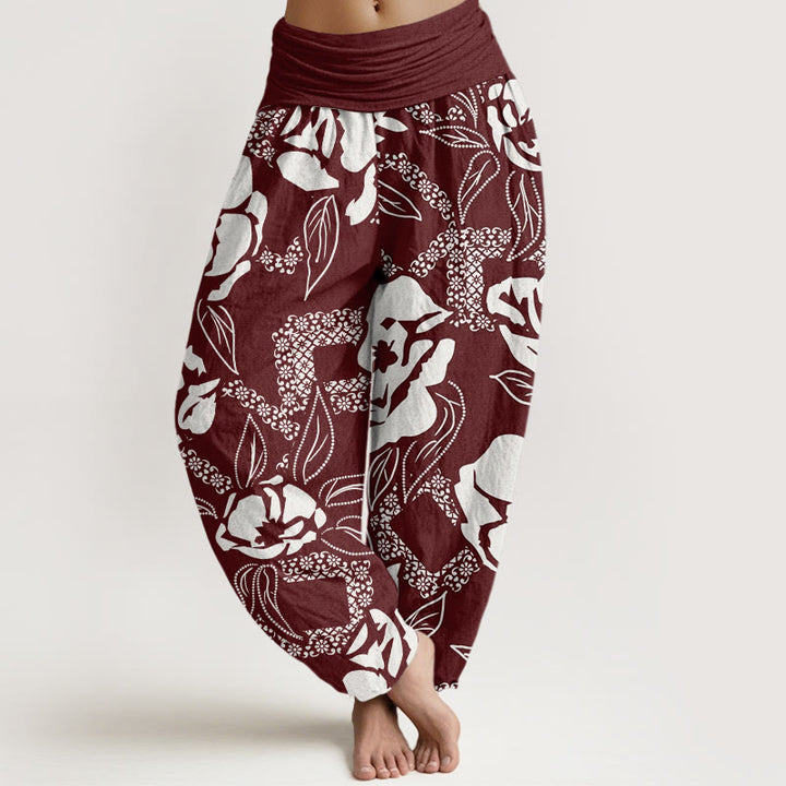 Buddha Stones Casual Proste Kwiatowe Liście Wzór Damskie Spodnie Harem Elastyczna Talia - Kasztanowaty - US22, UK/AU26, EU54 (6XL) - image 5