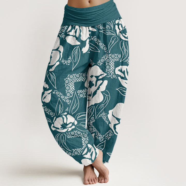 Buddha Stones Casual Proste Kwiatowe Liście Wzór Damskie Spodnie Harem Elastyczna Talia - Cyraneczka - US22, UK/AU26, EU54 (6XL) - image 8