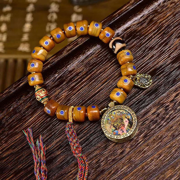 Buddha Stones Vintage Tybetańskie Koraliki Kościane Bransoletka Z Plecionki Liny Pozytywnej Równowagi