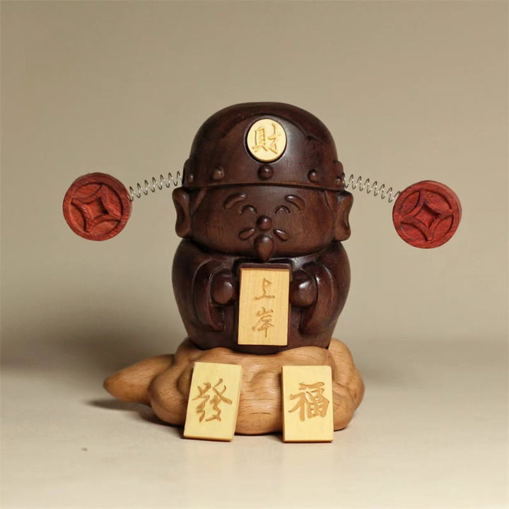 Buddha Stones Bóg Bogactwa Caishen Czarny Orzech Buk Statua Fu Charakter Miedziane Monety Dekoracja Domu