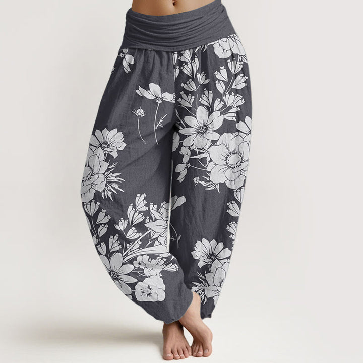Buddha Stones Czysta bawełna Casual Peony Liście Damskie Spodnie Harem Elastyczny Pas
