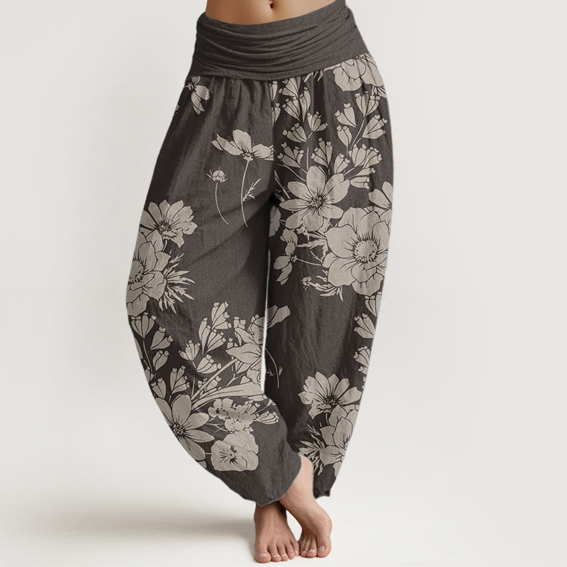 Buddha Stones Czysta bawełna Casual Peony Liście Damskie Spodnie Harem Elastyczny Pas