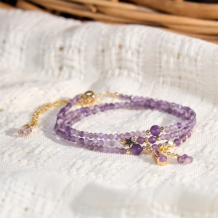 Bransoletka Buddha Stones Natural Amethyst Water Drop Star Meditation Triple Wrap