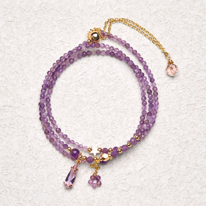 Bransoletka Buddha Stones Natural Amethyst Water Drop Star Meditation Triple Wrap