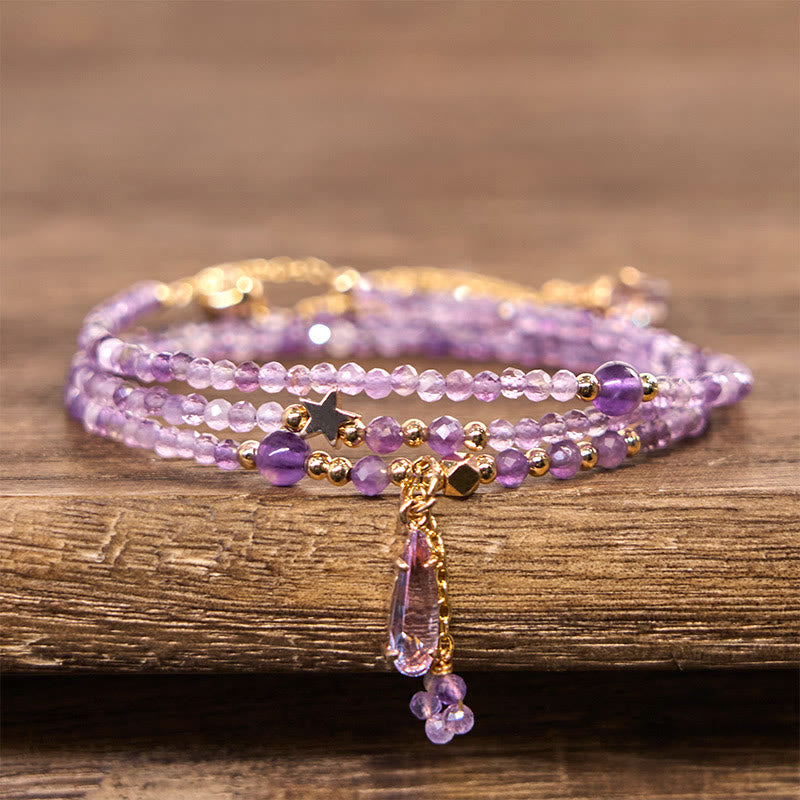 Bransoletka Buddha Stones Natural Amethyst Water Drop Star Meditation Triple Wrap