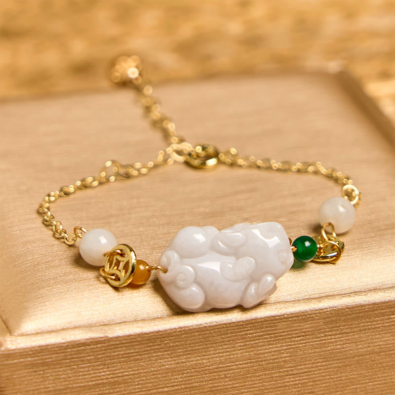 Buddha Stones Naturalny Jade PiXiu Rzeźbiona Miedziana Moneta Szczęścia Bransoletka Łańcuszkowa