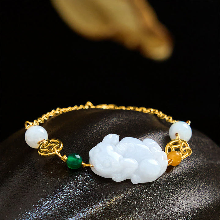Buddha Stones Naturalny Jade PiXiu Rzeźbiona Miedziana Moneta Szczęścia Bransoletka Łańcuszkowa