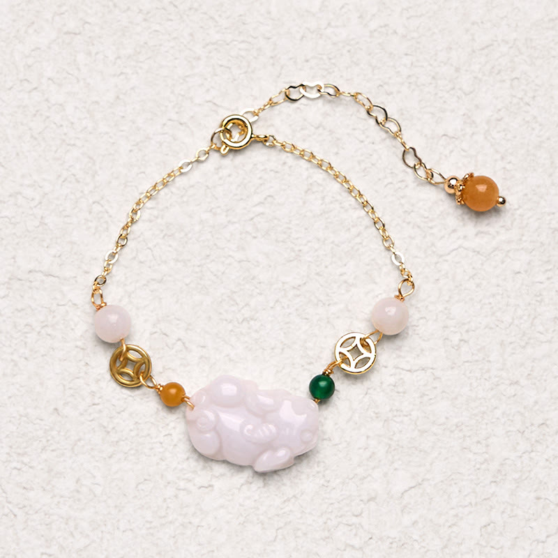 Buddha Stones Naturalny Jade PiXiu Rzeźbiona Miedziana Moneta Szczęścia Bransoletka Łańcuszkowa