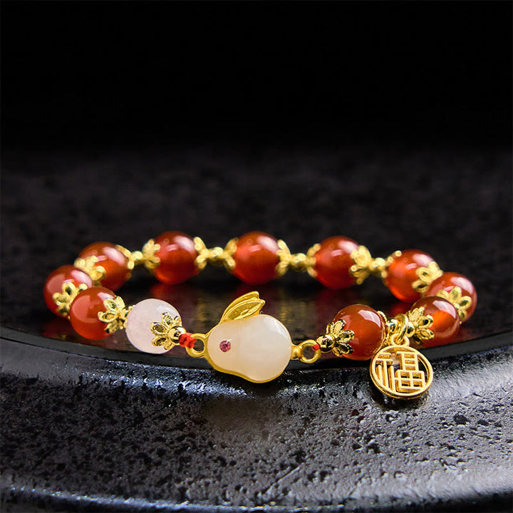 Buddha Stones Czerwony Agat Chalcedon Królik Fu Charakter Pewność Bransoletka