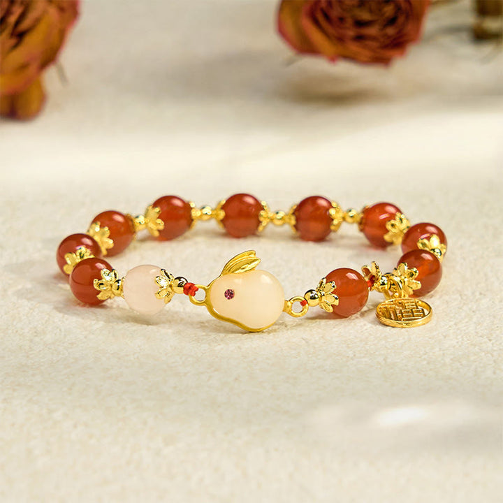 Buddha Stones Czerwony Agat Chalcedon Królik Fu Charakter Pewność Bransoletka