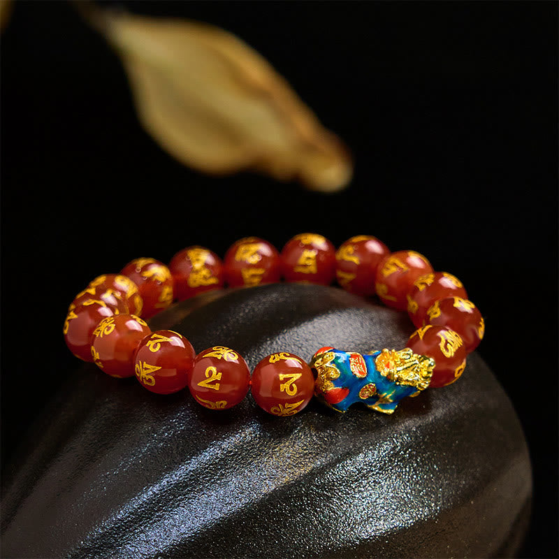 Buddha Stones Czerwony Agat Zmiana Koloru PiXiu Om Mani Padme Hum Spokojna Bransoletka