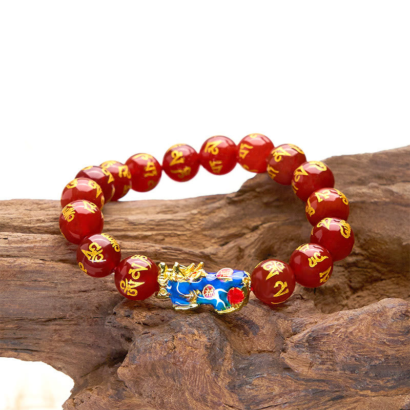 Buddha Stones Czerwony Agat Zmiana Koloru PiXiu Om Mani Padme Hum Spokojna Bransoletka