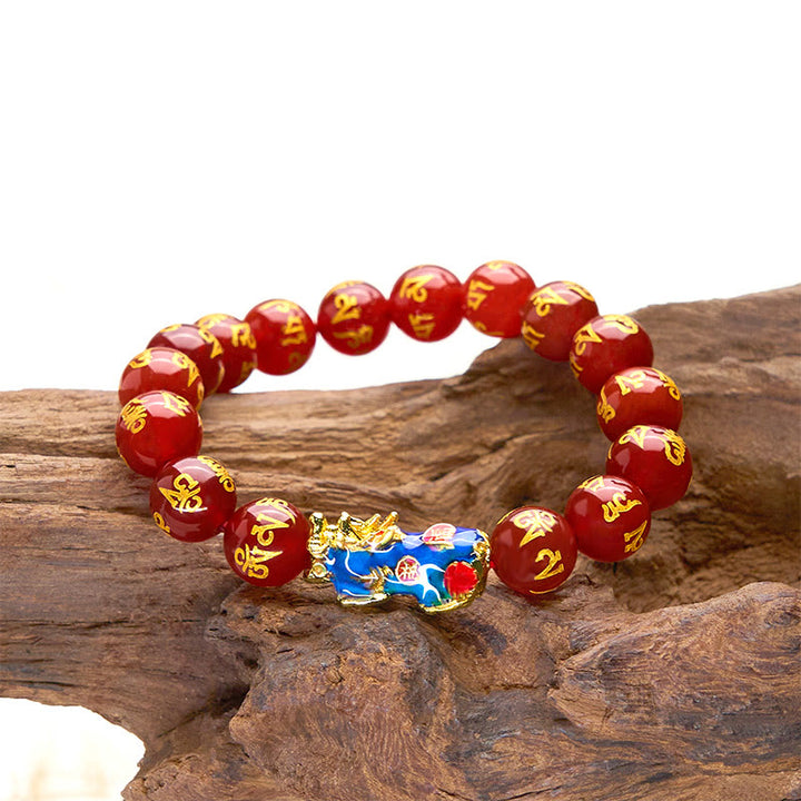 Buddha Stones Czerwony Agat Zmiana Koloru PiXiu Om Mani Padme Hum Spokojna Bransoletka