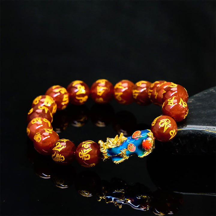 Buddha Stones Czerwony Agat Zmiana Koloru PiXiu Om Mani Padme Hum Spokojna Bransoletka